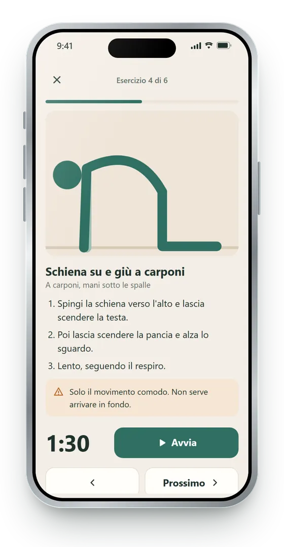 L'app Schiena Sciolta aperta su un esercizio, con il timer