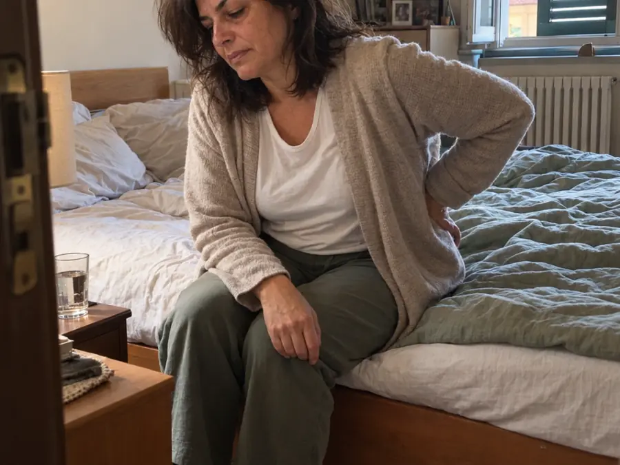 Una donna seduta sul bordo del letto la mattina, con una mano sulla schiena
